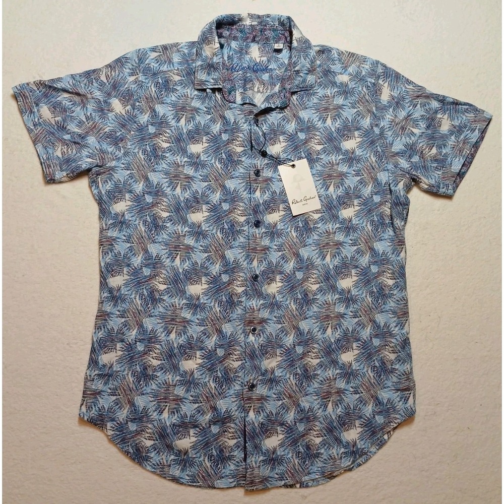 NWT Robert Graham Morrone Shirt Mens S Small Blue Abstract Palm Tropical Linen